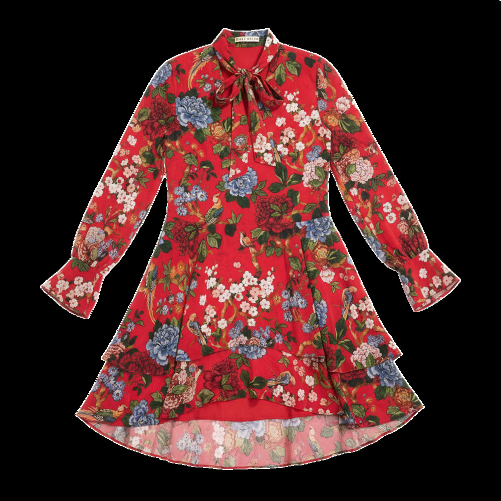 Alice And Olivia Vibrant Red Floral Tie Neck Ruffle Hem Dress Size XS - Picture 1 of 6